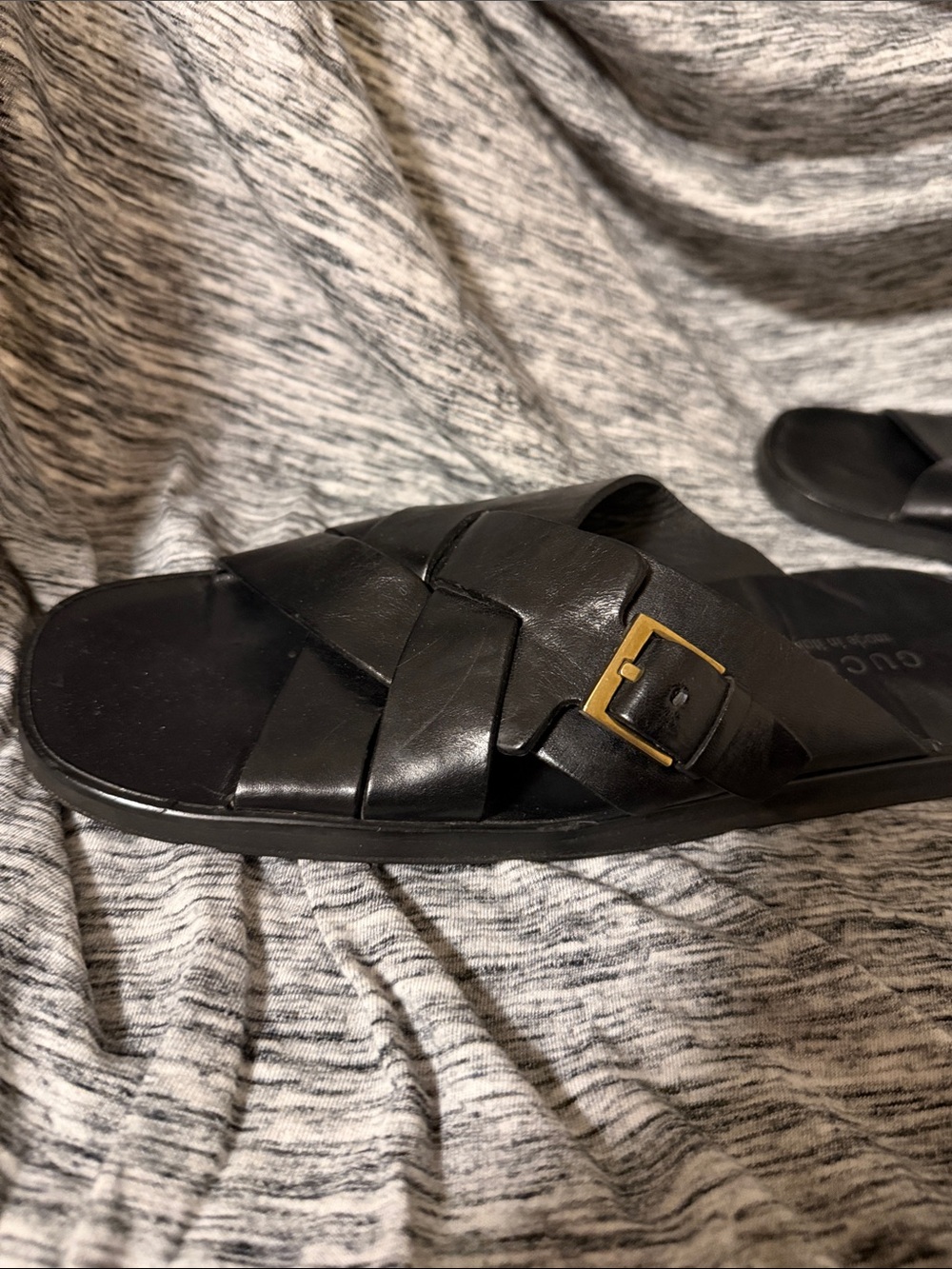 Gucci Black Leather Woven Slide Sandals with Gold Buckles - Picture 8 of 9